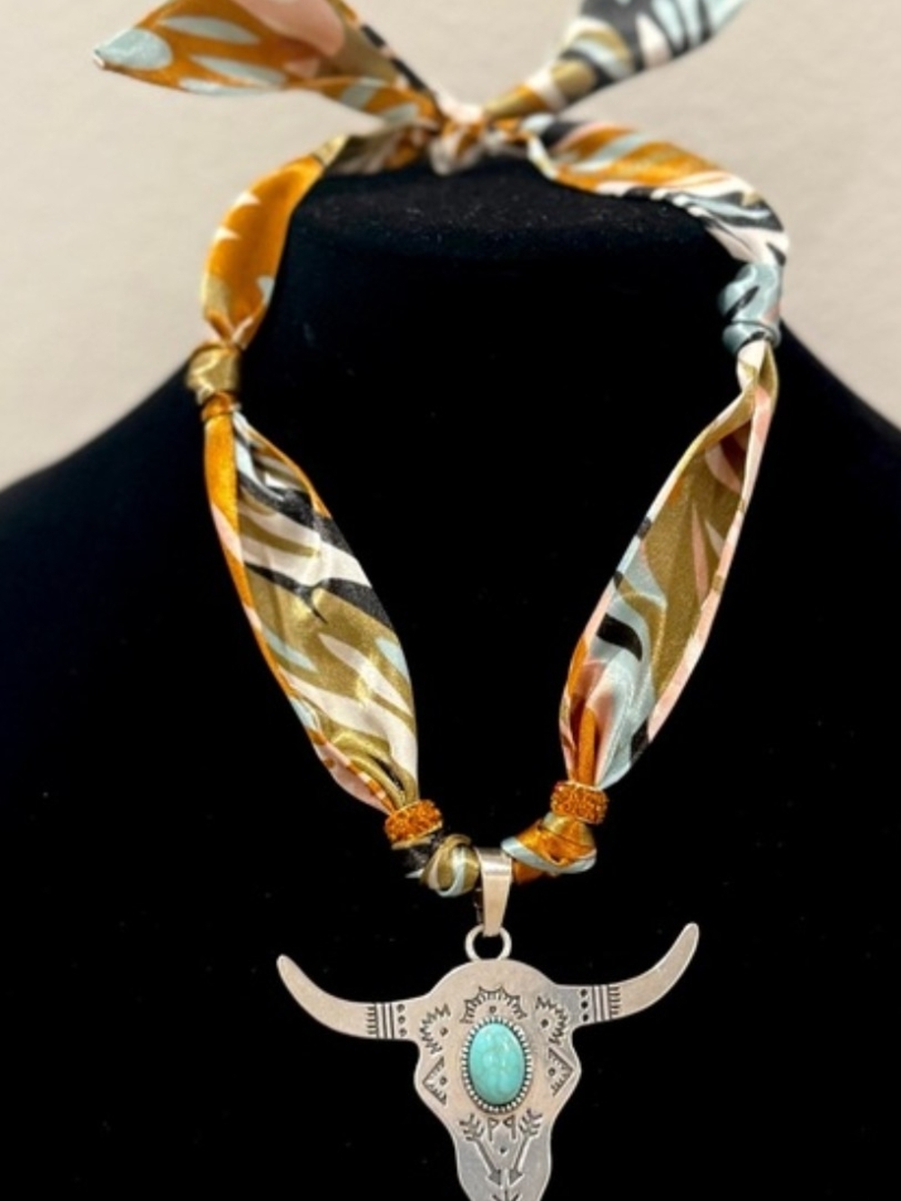 Turquoise Steer Skull Pendant Scarf Necklace - Women Jewelry